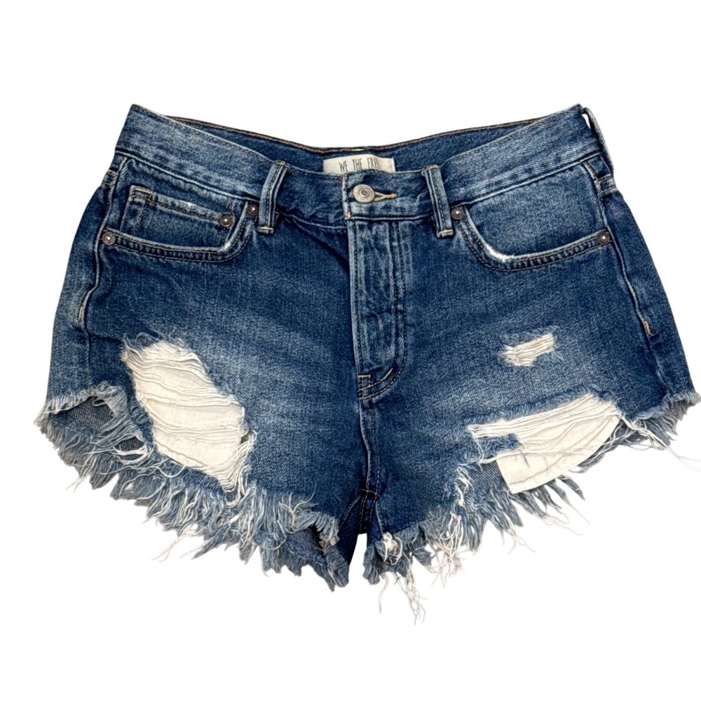 We The Free People Distressed Denim Shorts Medium Wash Cut Off Button Fly
